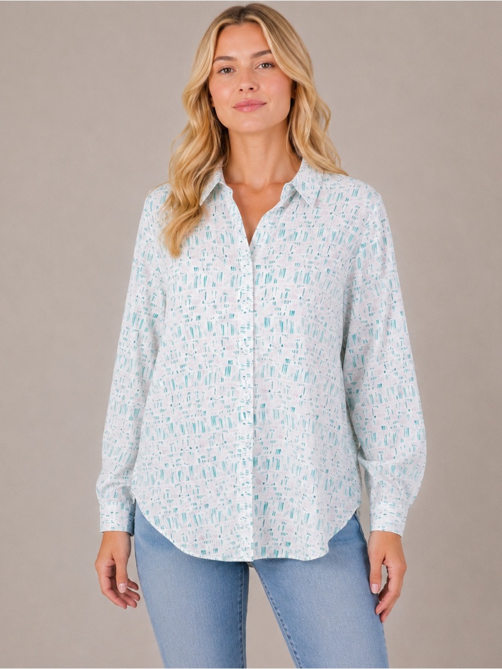 Foxcroft Non-Iron Abstract Retro Stripe Print Button Shirt Roll Tab Slvs Size 14